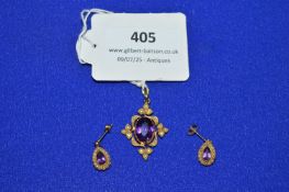 14ct Gold and Seed Pearl Pendant, and Matching Drop Earrings with Amethysts, 5.9g gross