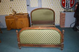 Victorian Mahogany Double Bed Frame with Green Spotted Upholstery