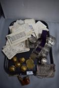 Tray Lot of Collectibles Including Hand Drawn Postcards, Nurses Belt & Buckle, etc.