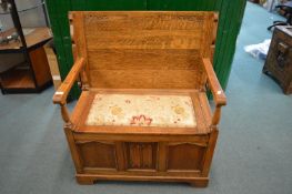 Oak Monks Bench with Tapestry Upholstery