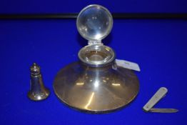 Silver Inkwell - Hallmarked Birmingham 1935, Small Silver Caster, and a Mother of Pearl Handled