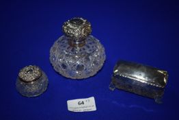 Cut Glass Scent Bottles and Box with Silver Lids