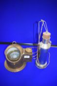 Reproduction Brass Ships Compass with Spirit Lamp, plus a Customs and Excise Metal Flask Stamped