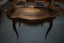 Victorian Black Lacquered Occasional Table with Gilded Brass Inlay and Single Drawer