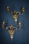 Pair of Brass Twin Wall Mounted Lighting Brackets Featuring Rams Head Design