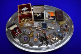 Tray Lot of Small Collectibles Including Enamel Badges, etc.