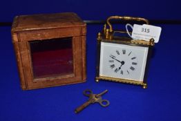 Period Brass Carriage Clock with Enamelled Face, Has Original Leather Carry Case (clock in working