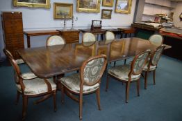 Reproduction Extending Mahogany Dining Table 10’6” x 44” with Tripod Supports, Three Extra Leaves,