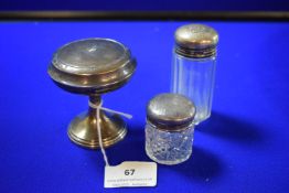 Silver Powder Pot with Mirror - Hallmarked Chester 1923, and Two Silver Topped Glass Jars (small