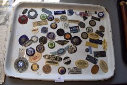 Enamel Tray Containing Vintage Motoring Badges, etc.