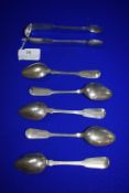Five Assorted Silver Spoons, and Sugar Tongs ~123g total