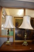 Pair of Decorative Gilded Brass & Onyx Table Lamps with Cherub Design, and Cream Shades