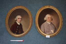 Pair of 19th Century School Oil on Canvas Portraits of Georgian Gentlemen in Oval Frames