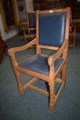 Rabbitman Oak Dining Chair with Blue Vinyl Upholstery and Copper Studs