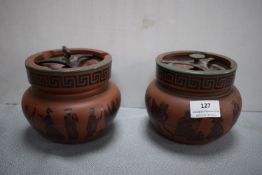 Pair of Terracotta Tabacco Jars with Greek Motif