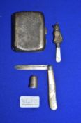 Silver Thimble, Cigarette Case, Baby Teething Ring, and a Silver Pocket Knife with Mother of Pearl H