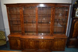 Victorian Mahogany Veneered Breakfront Bookcase with Four Glazed Cabinet Doors, Carved Detail, and