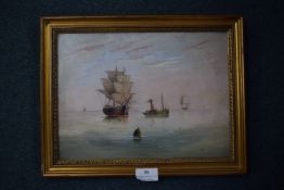 E.K. Redmore Oil on Board Steam Tug Towing a Sailing Ship