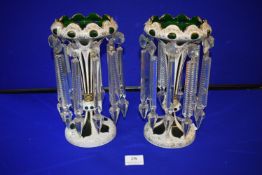 Pair of Victorian Glass Lustres on Green Painted Stands with White & Gilt Decoration (AF)