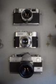Three Vintage 35mm Film Cameras Including Exakta TL500, Voigtlander Vito B, and a Yashica J