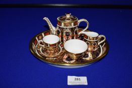 Royal Crown Derby Miniature Tea Set Pattern 1128 Comprising Tray, Teapot, Sugar Bowl, and Cream Jug