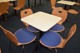 *Four Contemporary Style Formed Plywood Dining Chairs with Blue Upholstered Seats and Chrome Frames