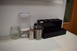 *Assorted Storage Jars, Stainless Steel Stool, Spoons, Cutlery Holder, and a Perspex Chip Cone