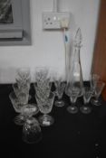Set of Nine Cut Glass Lead Crystal Wine Glasses plus Decanter & Sherry Glass Set