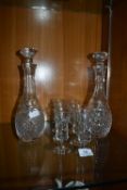 Pair of Cut Glass Lead Crystal Decanters & Six Sherry Glasses