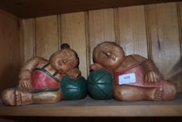 Pair of Carved Wooden Chinese Babies