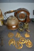 Vintage Copper Kettles, School Bell, Mantle Clock etc