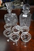 Two Cut Glass Lead Crystal Decanters & Sherry Glasses