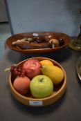 Two Fruit Bowls Containing Wooden & Artificial Fruit