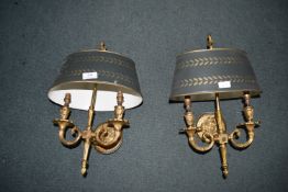 Pair of Decorative Brass Wall Light Fittings with Painted Metal Shades