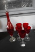 Cranberry Glass Decanter and Five Wine Glasses