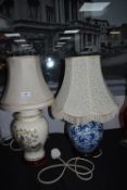 Two Eastern Style Pottery Table Lamps with Cream Shades