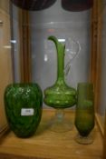 Three Retro Green Glass Vases etc