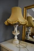 Pottery Lamp with Cherubs & Pale Gold Shade