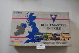 Corgi AEC Routemasters in Exile Four Bus set the M