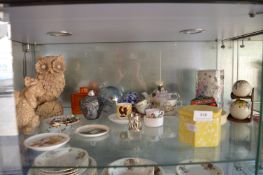 Contents of Shelf to Include Assorted Decorative Items, Dog & Owl Sculptures, etc.