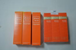 3x Jovan Musk for Women Cologne Concentrate Sprays 59ml, plus 3x Testers