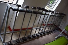 Set of Sixteen Weight Bars 25kg to 100kg with Two Stands