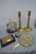 Brassware Including Candlesticks, Cigarette Box, e
