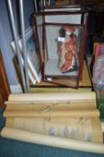Japanese Doll in Display Case (AF), plus Chinese Wall Hanging, and Assorted Pictures