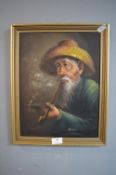 Chinese Oil on Board Portrait of an Opium Smoker