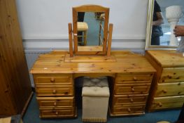Solid Pine Eight Dressing Table (matching previous lot), plus Mirror and Storage Stool