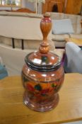 Large Turned Wood Lidded Pot with Carved & Painted Decoration