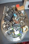 Tray Lot of Assorted Collectibles, Cameras, Candlesticks, etc.