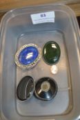 3x Gemstone Cabochon Brooches with Silver Mounts, and a Jet Cameo Brooch (all with faults)