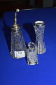 3x Glass Scent Bottles with Silver Caps and Mounts (one missing stopper)